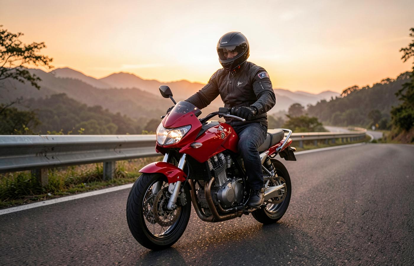 Motorcyclist riding safely on a scenic road